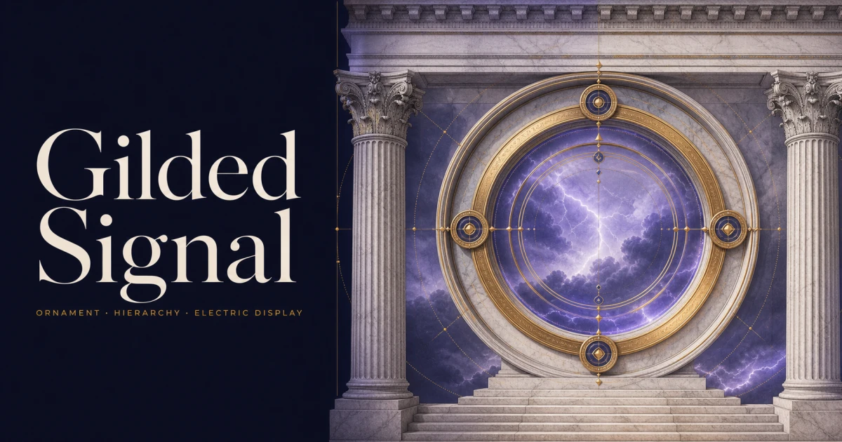 Original editorial illustration of a gilded circular portal between marble columns, framing a violet electrical storm